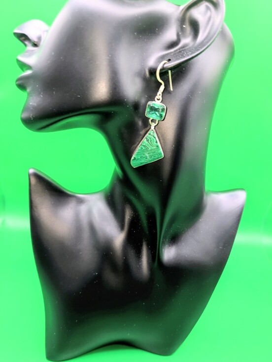 Malachite & Chrome Diopside Art Deco Earrings In 925 Sterling Silver (2.5\